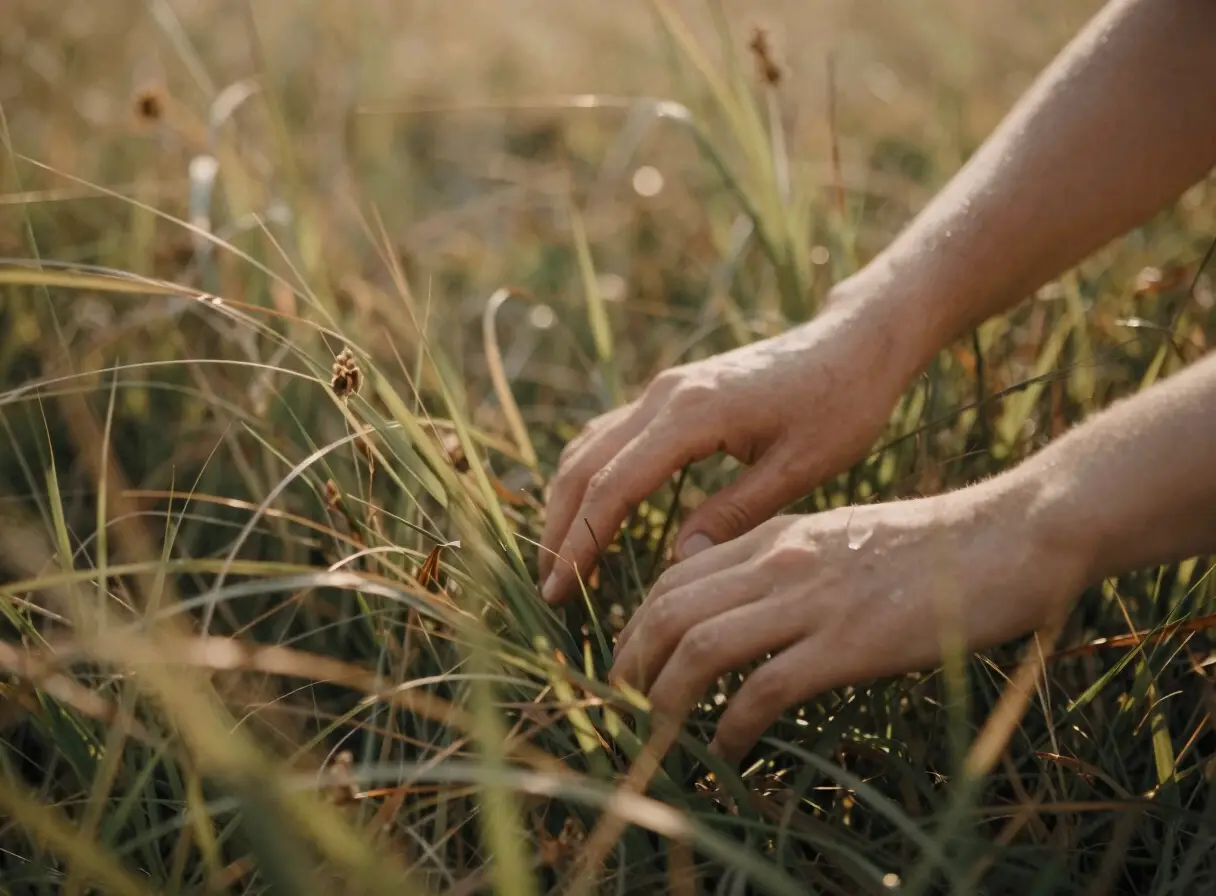 Hands gently touching meadow grass in golden light