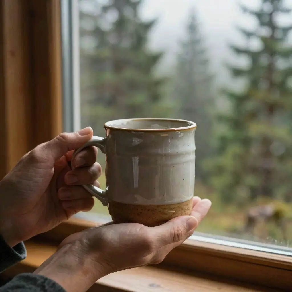 Hands holding a ceramic mug by a window overlooking misty pines