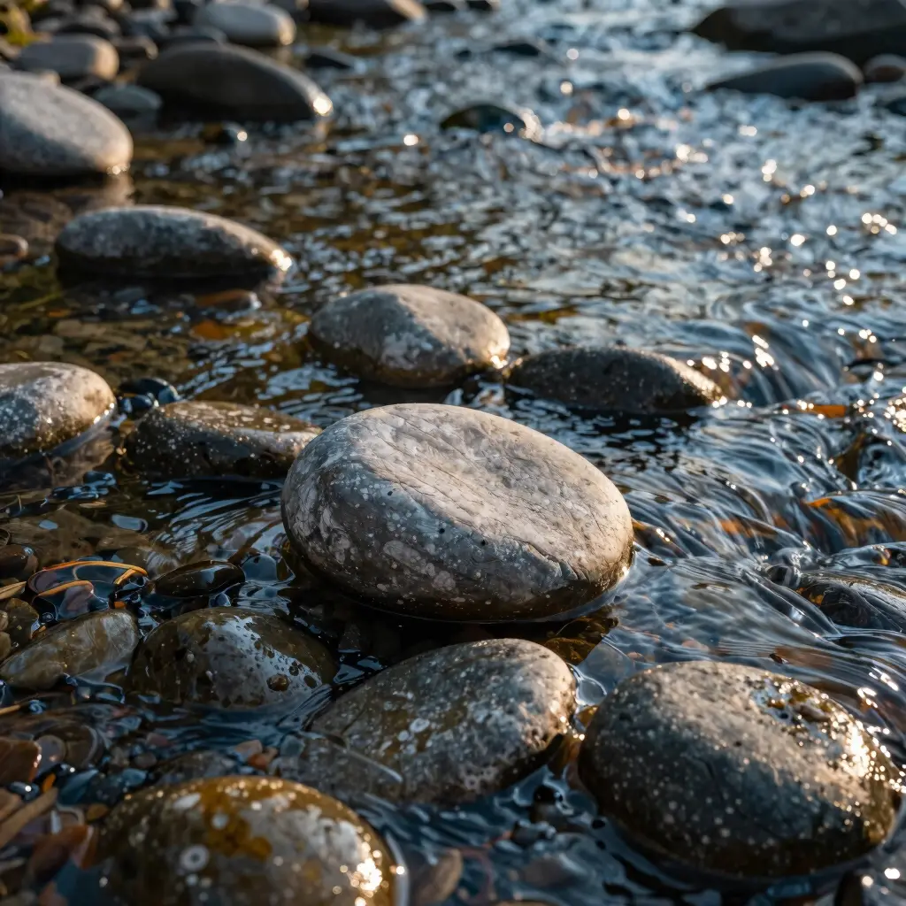 River stones in clear flowing water